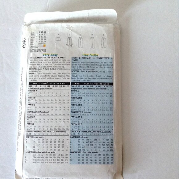 Butterick Fast and Easy Sewing Pattern #6946 Size 18-20-22 Petite Shorts Pants - Picture 3 of 5